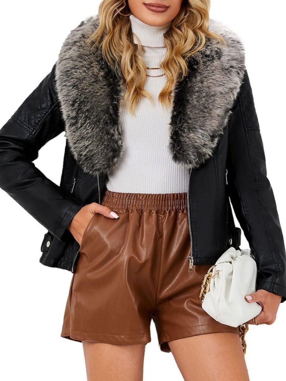 Stylish Women's Faux Leather Moto Jacket with Cozy Sherpa Lining - Perfect for